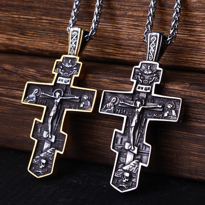 OEM PRODUCTION Orthodox Christian Stainless Steel Religious Necklace Gold Plated Crucifix Jesus Cross for Gift or Party