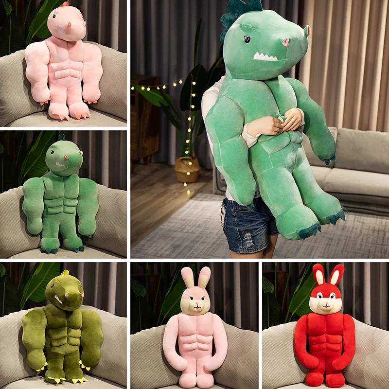 Creative Funny Stuffed Animal Dinosaur With Muscle Adorable Plush Muscular Rabbit Toys Cat Kawaii Squishy Frog Duck Workout Dog