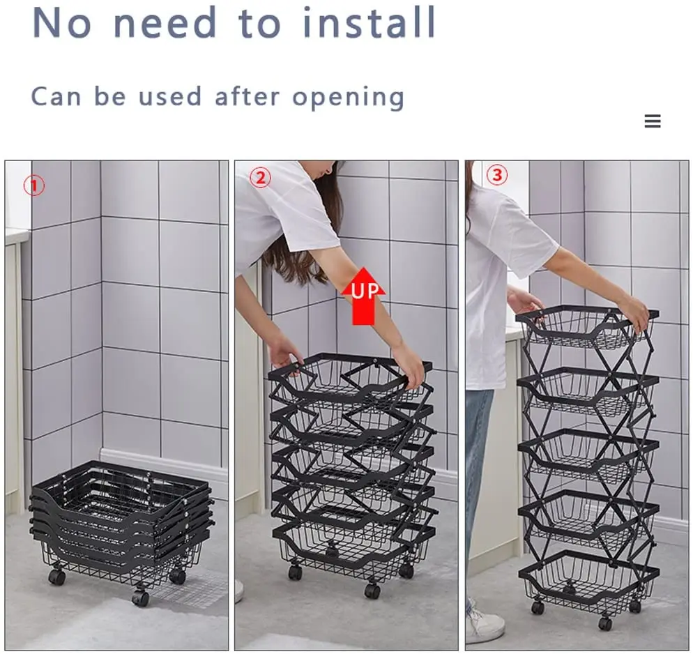 Kitchen 3/4/5 Tier Folding collapsible Metal Fruit Basket Stand No Need to Install Wire Storage Basket utility cart with Wheels