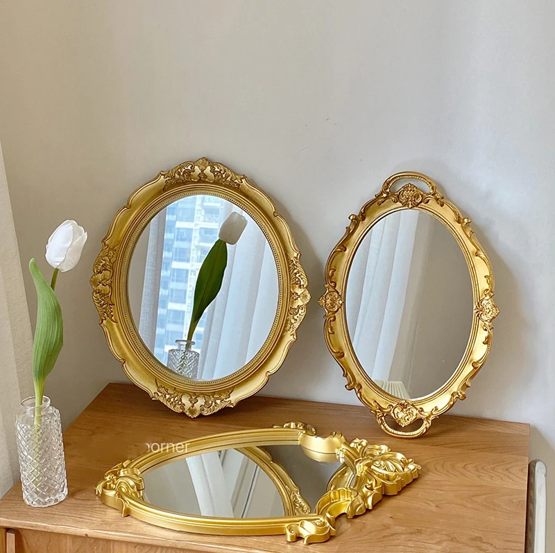 French retro makeup mirror court style embossed-gold mirror ins style desktop vanity mirror