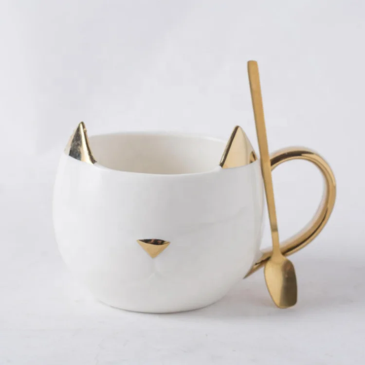 Simple Gold Cat Shape Student Couple Gift Drinking Cup Office Coffee Ceramic Mug