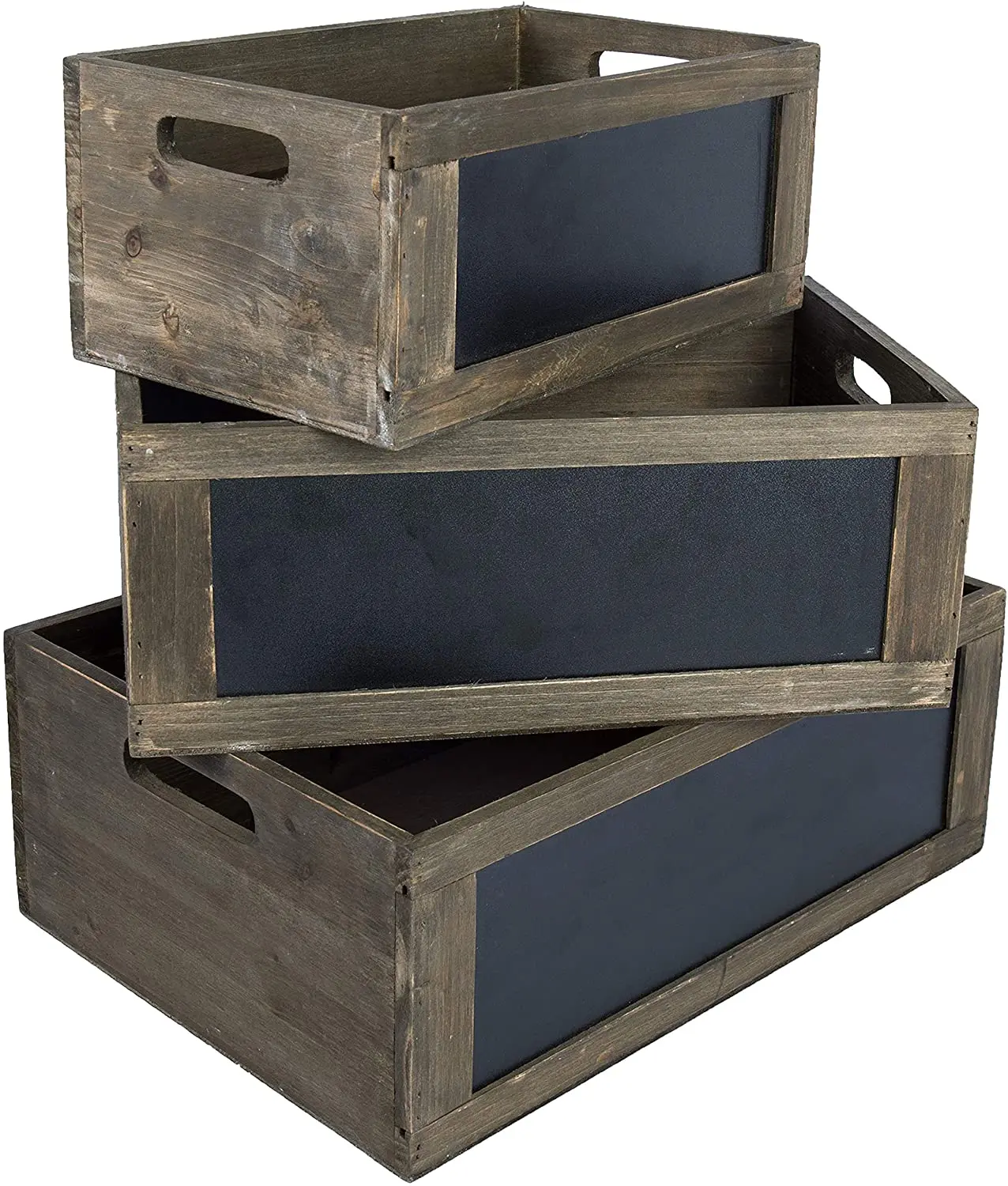 Cheap Rustic Brown Wood Nesting Crates Box with Chalkboard Front Panel and Cutout Handles