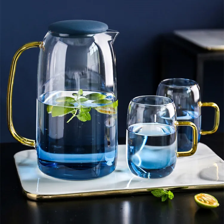 Thickened Glass Gradient Blue Marble Kettle Heat-resistant Kettle Marble Gradual Blue Cold Water Jug with 4 Mugs