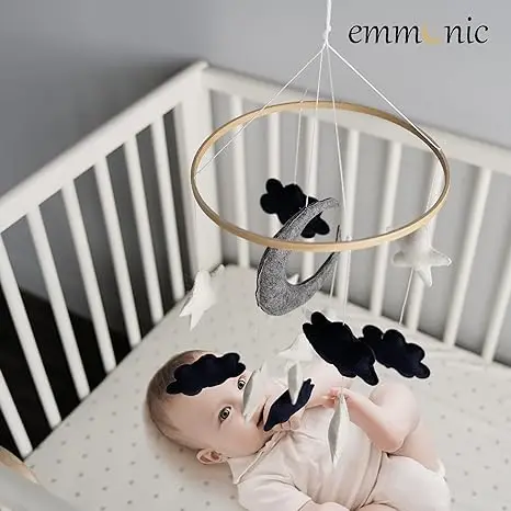 2024 new style.Navy blue clouds and moon star felt nursery mobile for baby crib modern boho baby mobile.