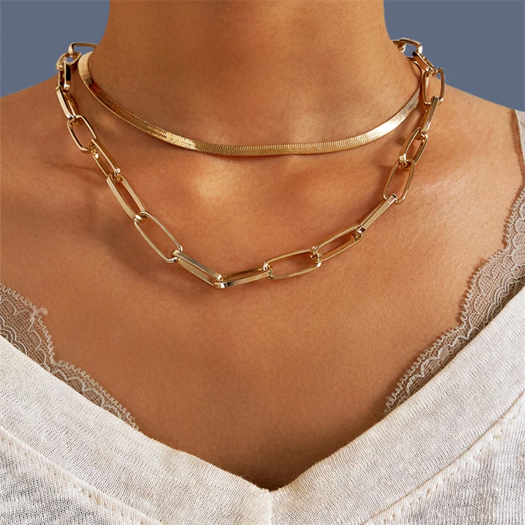 Cheap Layered Gold Cuban Link Chain Hip Hop Chunky Paperclip Punk Choker Charm Necklace For Women