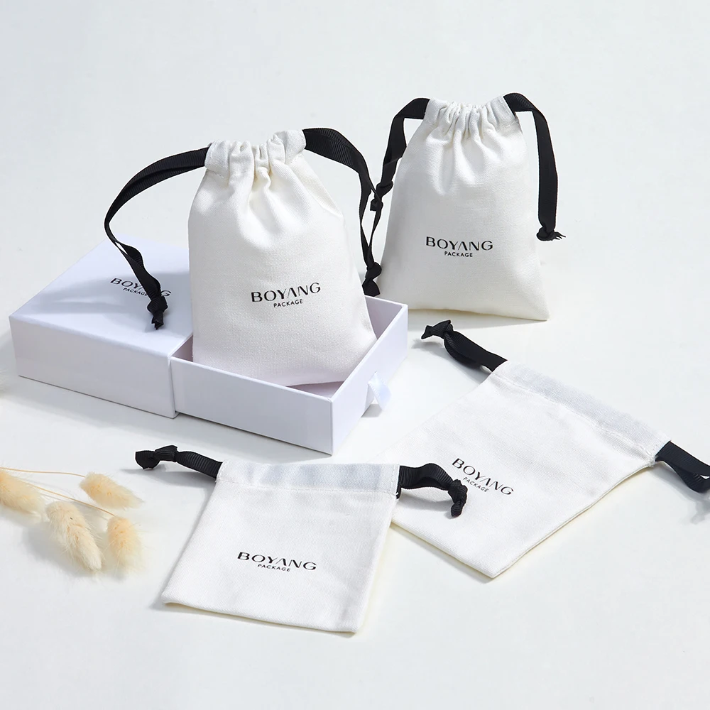 Custom White Eco Friendly Necklace Earring Gift Packaging Cotton Canvas Jewelry Drawstring Bag Pouch