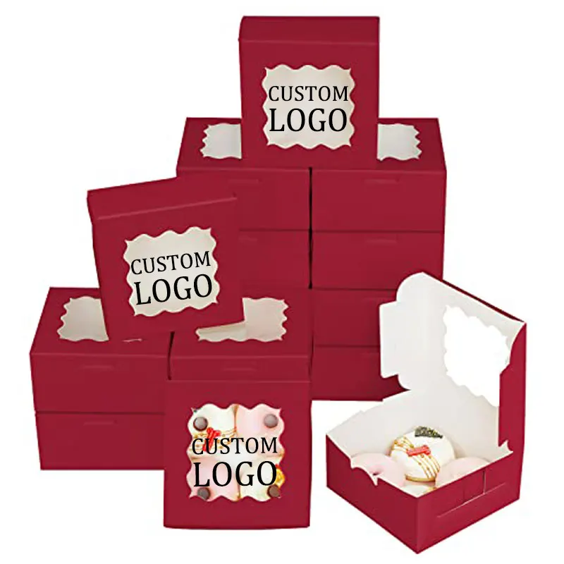 Hot Selling Foldable Cardboard Packaging Bakery Cake Pastry Box Printed Wedding Large Pvc Clear Lid Red Treat Cake Paper Boxes