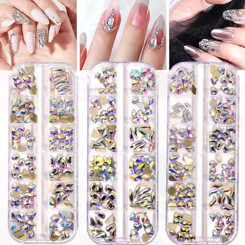 DIY design press on large nail with mix sizes 3D flat ab opal Colorful crystal Glass rhinestones in box kit for nail art