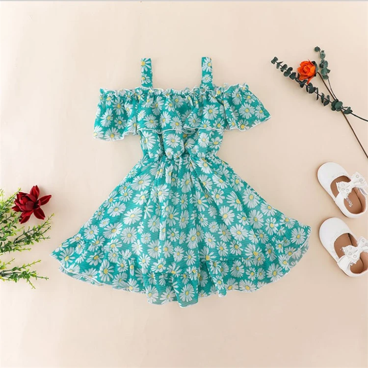 New Baby Girl Clothes Floral Printed Chiffon Children Strap Toddler Girls Dresses Summer 2021 Casual Princess Teenage Kids Dress