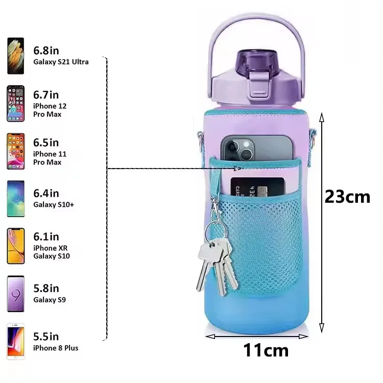 2L Portable Handfree Tritan Neoprene Bottle Motivational Time Marker Jug Fitness Gym Sport Water Bottle Bag with Strap