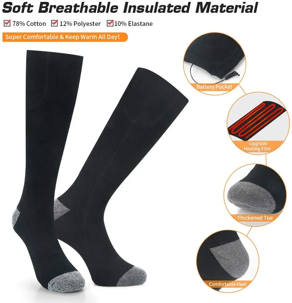 Wholesale Custom Rechargeable Battery 3 Heating Settings Thermal Sock Winter Skiing Electric Heated Socks Warm Cotton Socks