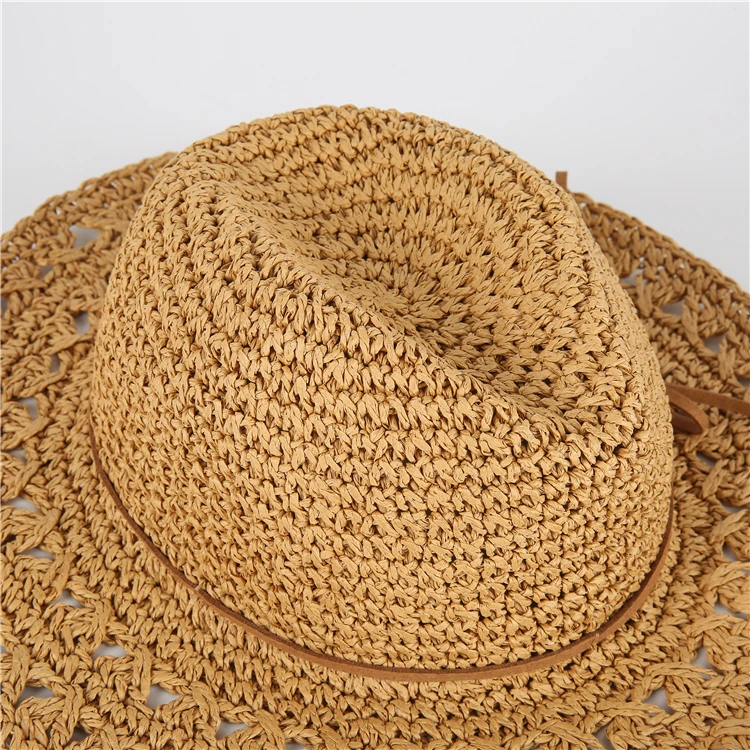 Natural Wide Brim Raffia Straw Floppy Panama Hat Hollow Out Sun Floppy Panama Hat