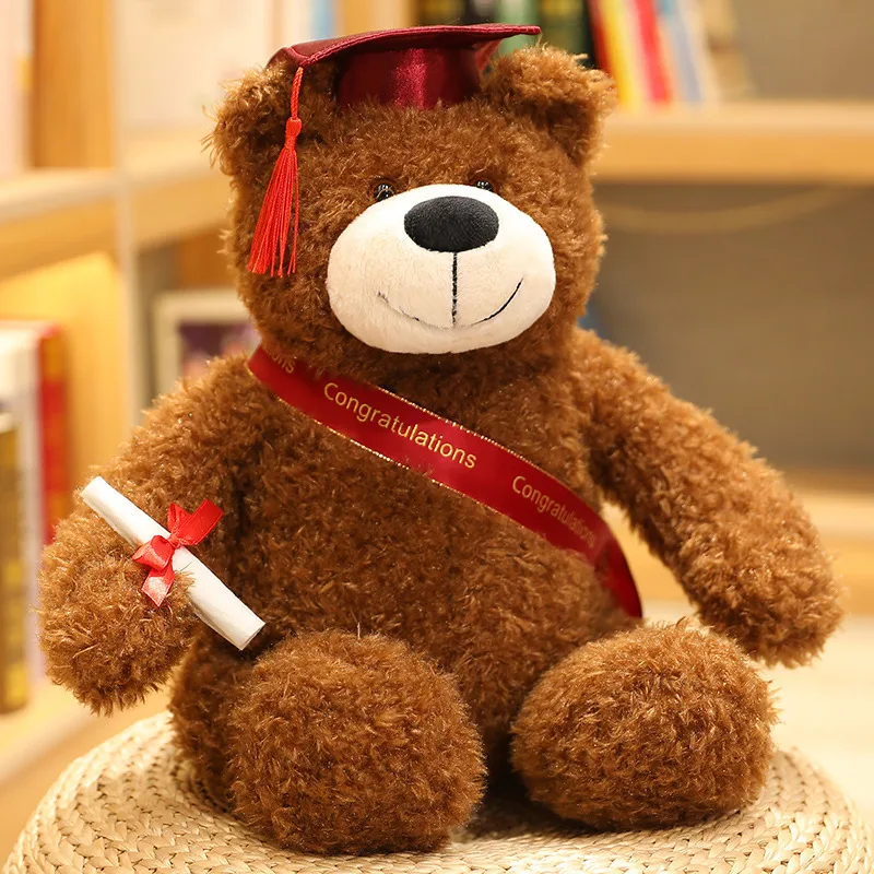 Factory Price 35cm Stuffed Animal Cute Bachelor Dr. Student Graduation Plush Teddy Bear With Red Hat