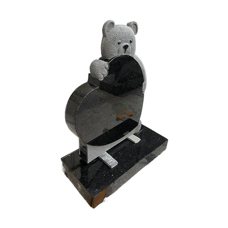 Good Price Poland Style Absolute Black Granite Polymer Bear And Heart Monument Headstone Tombstone