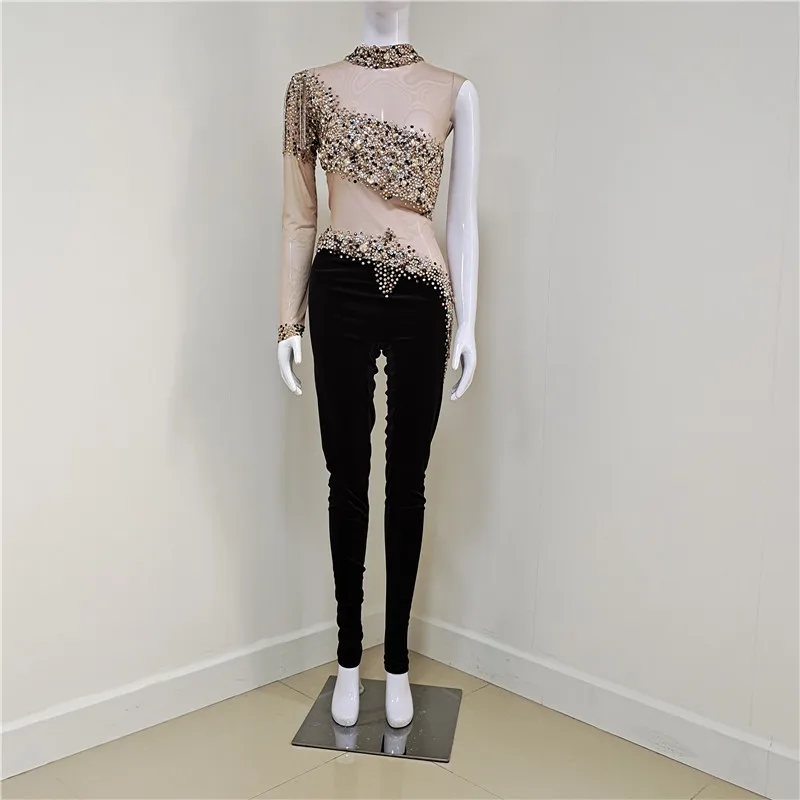 A3747 customize 2024 new high quality fashion lady wear long sleeve extreme sexy crystal long jumpsuit  Ship in 7-15 days