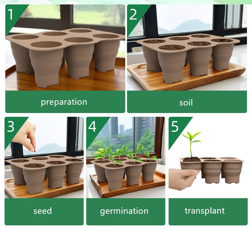 Reusable Silicone Seed Starter Tray, 6 Cells Collapsible Seedling Germination Trays with Drainage Holes for Plant Propagation