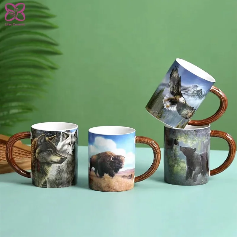 3D Animal Porcelain Water Tea Cup Espresso Mugs Gift Kitchen & Tabletop Wolf Cartoon Ceramic Coffee Mug