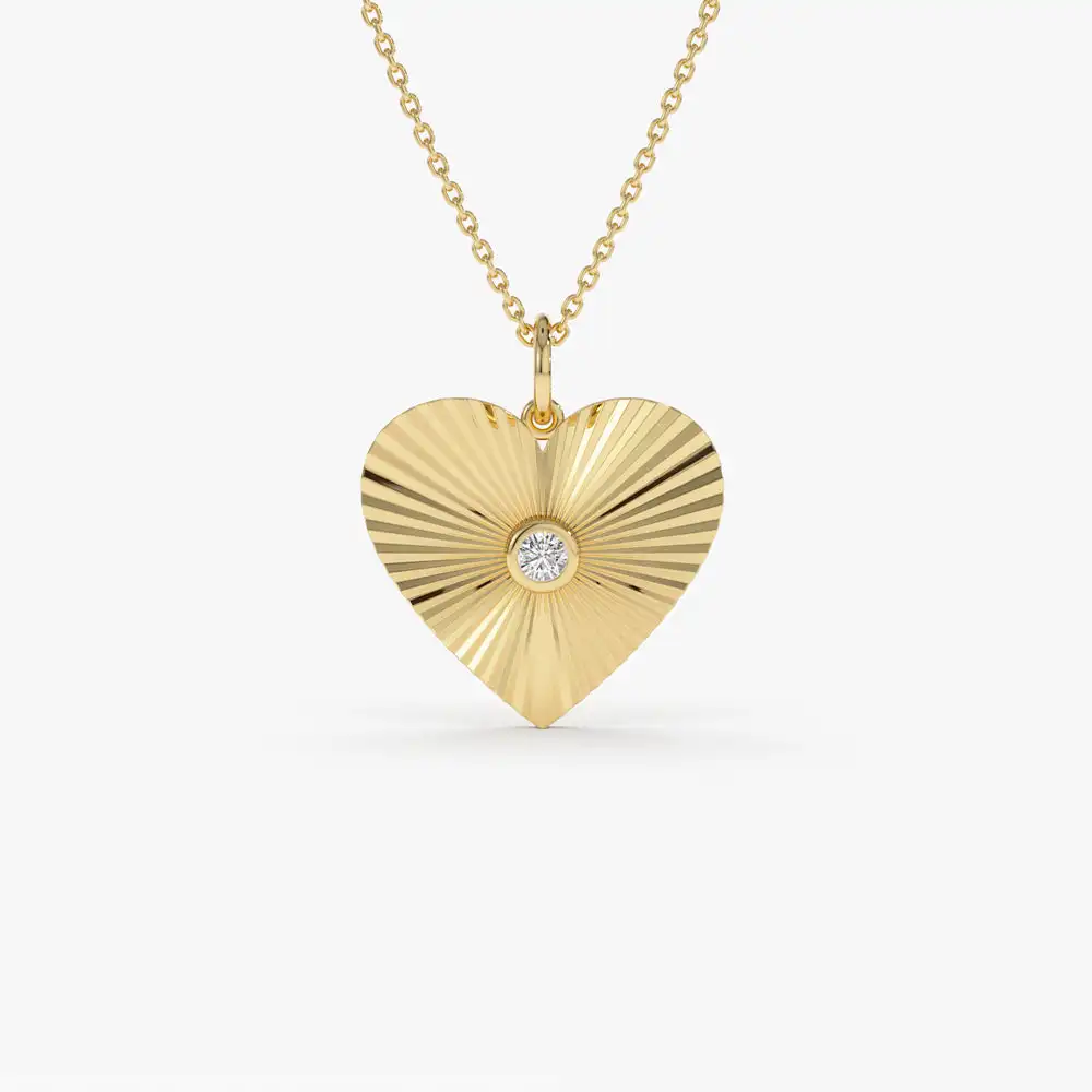 VLOVE Fine Jewelry Diamond Necklace 14K Jewelri Diamond-Cut Heart Shape Disc Ray Pendant