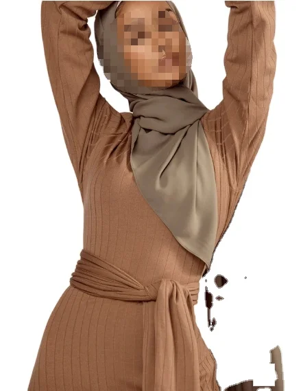 Robe Femme Tie Waist Maxi Dress With Belt Islamic Muslim Clothing Soft Smooth Modern Long Sleeve Dress Muslim Girl For Outd