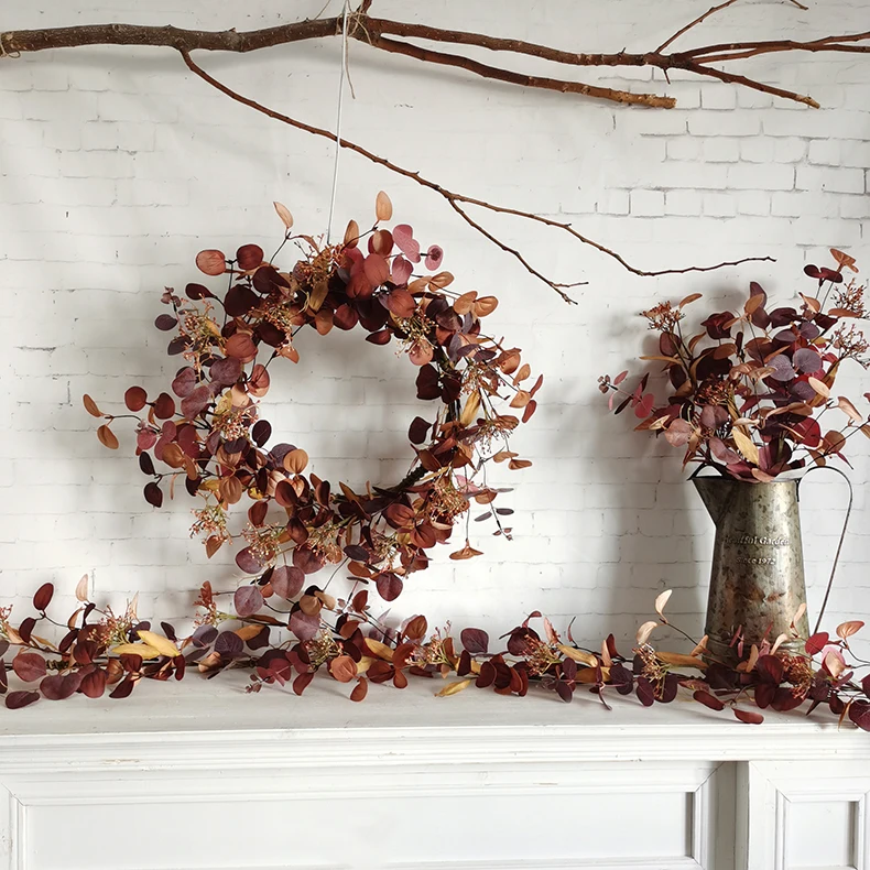 Fall wreath wholesale artificial Autumn flowers making eucalyptus leaves wreath with berries faux wild flowers