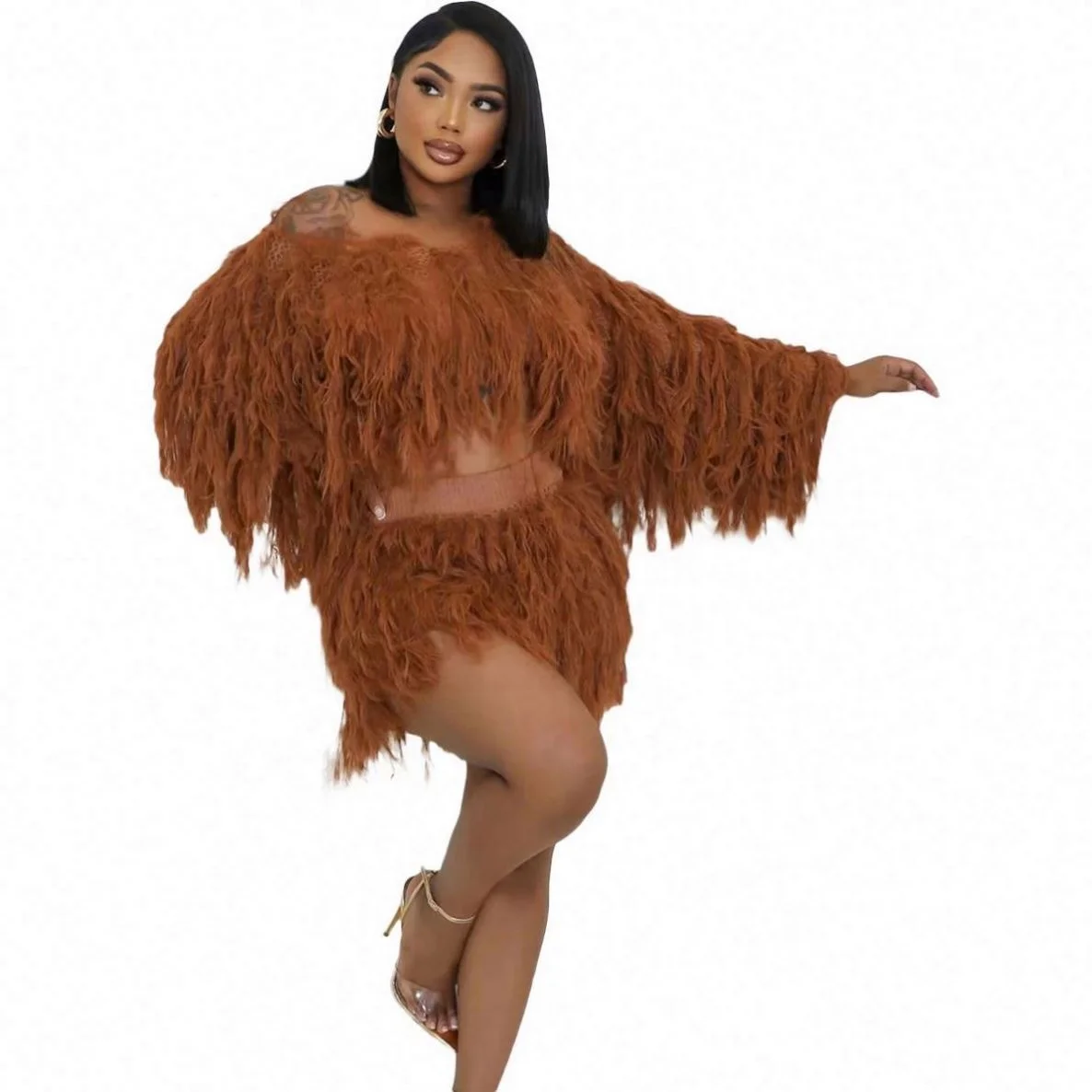 Beach Tassel Knitted Crop Top Mini Skirt Knitted Fringe Skirt Set