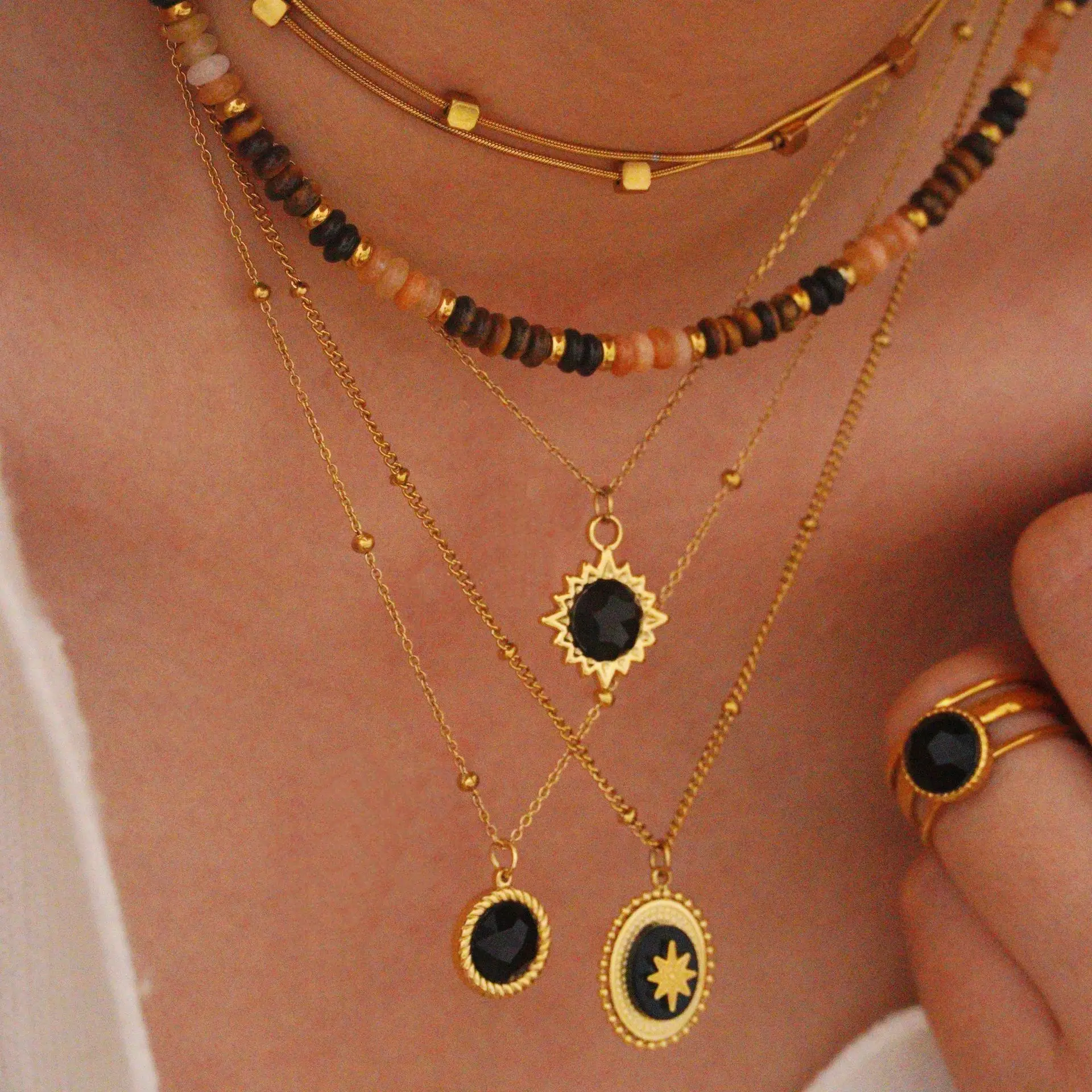 2024 Summer Jewelry For Women Black Agate Stone Beads Stainless Steel 14k Gold Plated Anti Tarnish Wholesale Jewelry Necklace