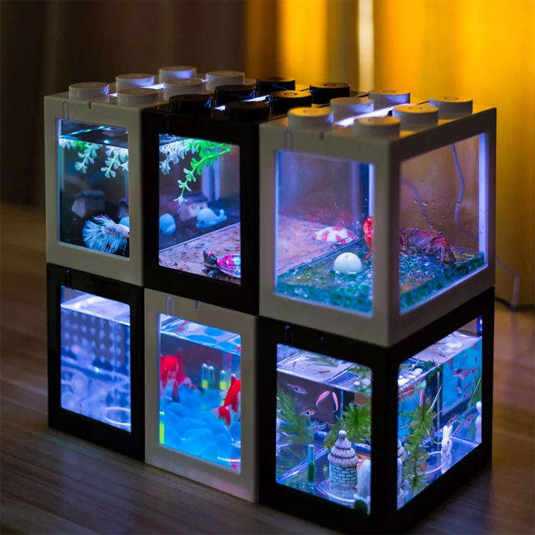 2022 New Design Hot Sale Household Small Building Block Fish Tank With Colorful Lights