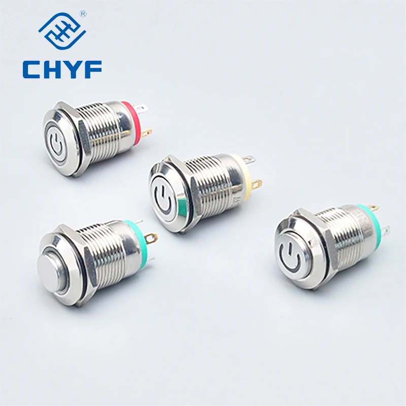 CHYF Hot Sale 12mm momentary three pin Type 2A push button switch with Red Green Blue Panel power symbol