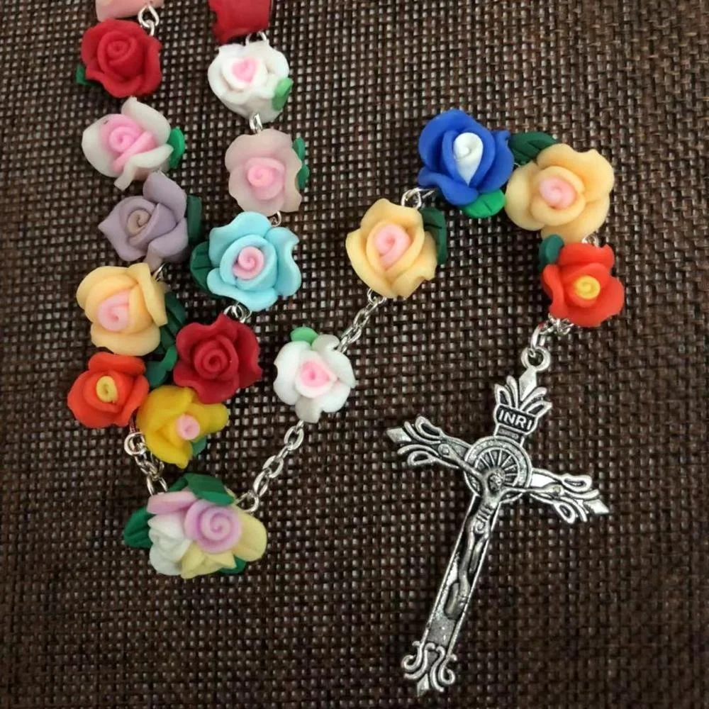 Candy bright colorful Soft Ceramic beads rose flower rosary catholic crucifix Necklace