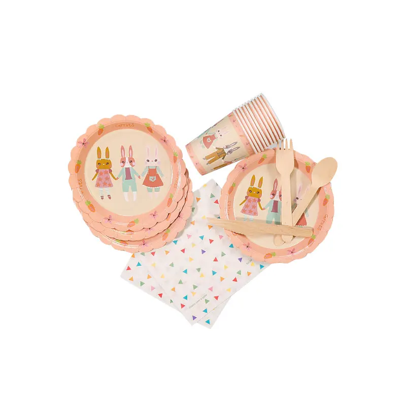 New Ideas Hot Sale Cute Funny Rabbit Pattern Kids Theme Disposable Degradable Tableware Set