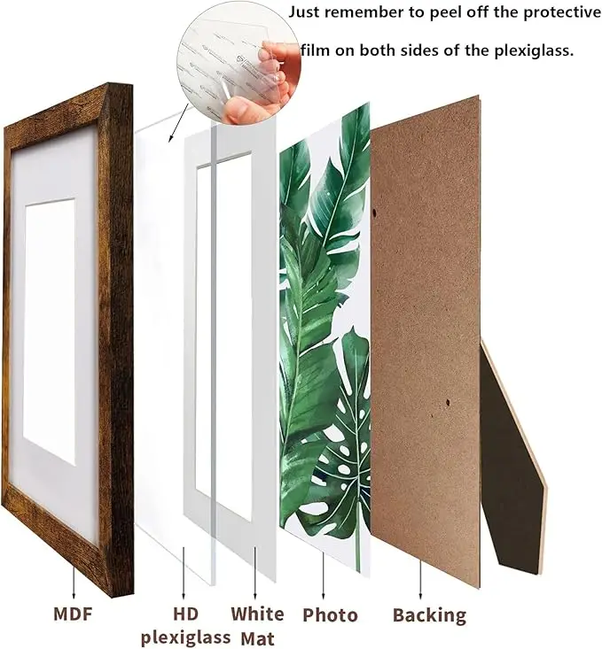 Custom wooden photo  frame 8x10 picture frame brown 6-piece set, display picture 12.7x17.78 with pad or 20.32x25.40 without pad