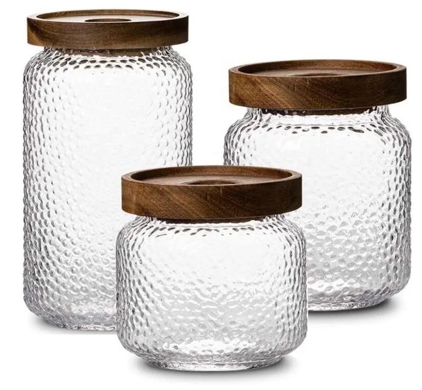 Прозрачная стеклянная банка для хранения 300 мл с деревянным пробковым резиновым уплотнением mason