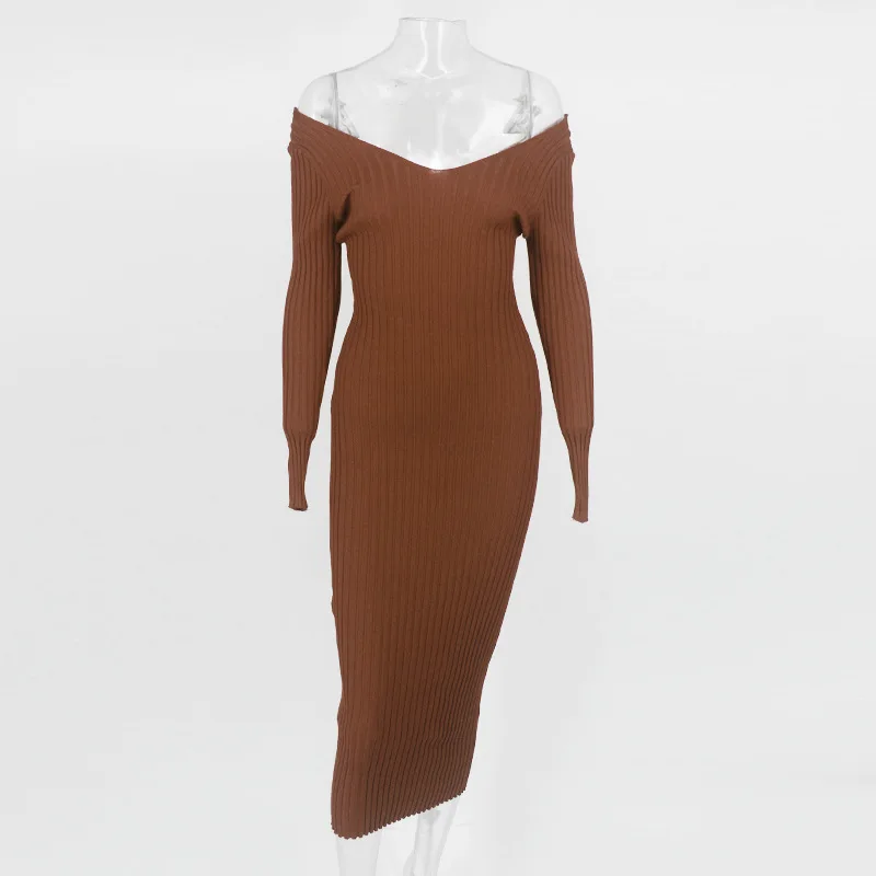 High quality women fall 0ff shoulder bodycon stretchy knitted sweater dresses