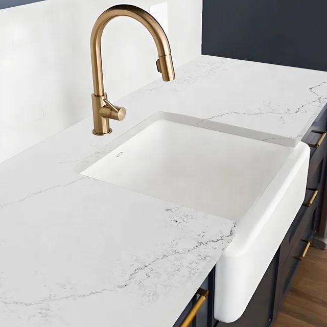 Elegant Durable Artificial Quartz Kitchen Slab Modern Design Natural Grey Veins Pristine White Background Polished Waterproof