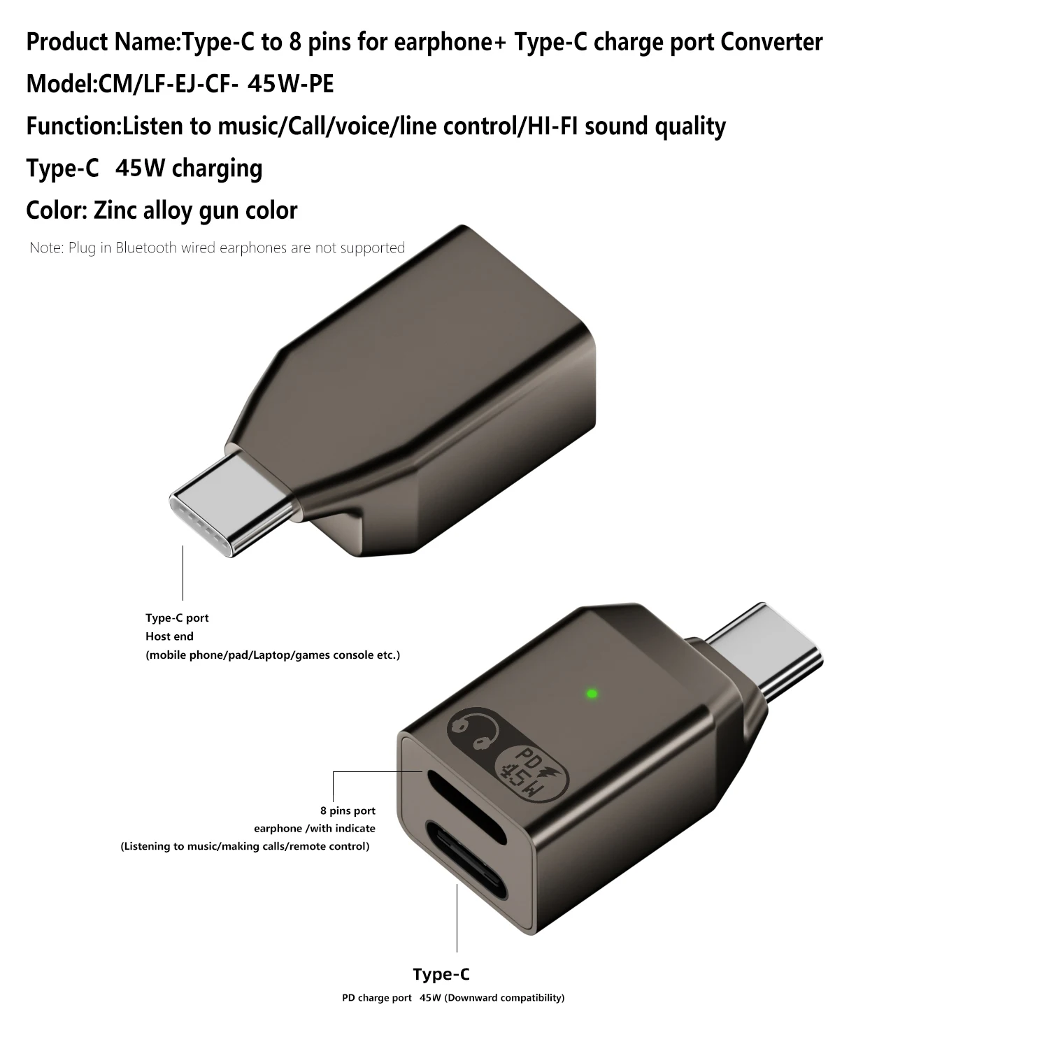 Quickly PD 2 in 1 converter 45W type c male to earphone HI-FI type c female fast charging port adapter for laptop macbook