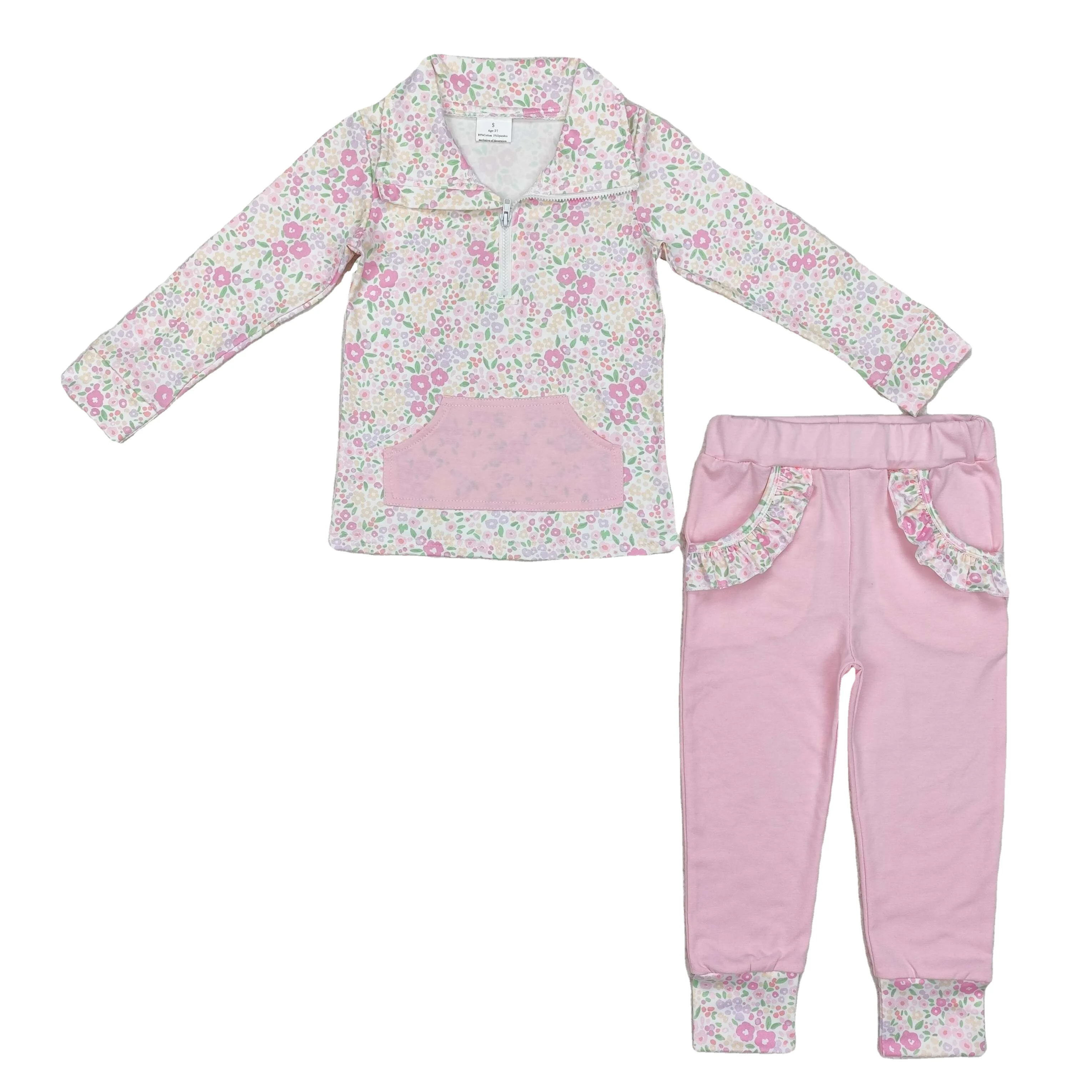 Spring Flower Floral Printed Pink Cute Little Girls Zipper Pullover Shirt 2 Piece Outfits Wholesale Kids Clothing Set for Girl