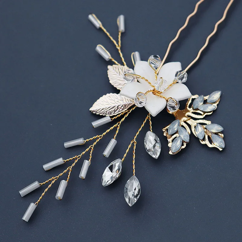 SLBRIDAL Handmade Rhinestones Alloy Ceram Flower Opal Crystal Bridal Hair Comb Hair Pin Set Wedding Hair Accessory Women Jewelry