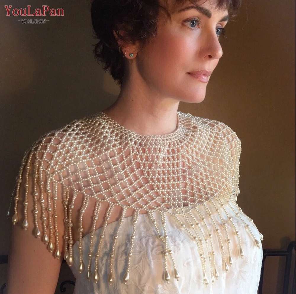 YouLaPan VG76 Handmade Beaded Shawl High Class Party Dress Necklace Cape Wedding Bridal Pearl Tassel Shoulder Chain Bolero