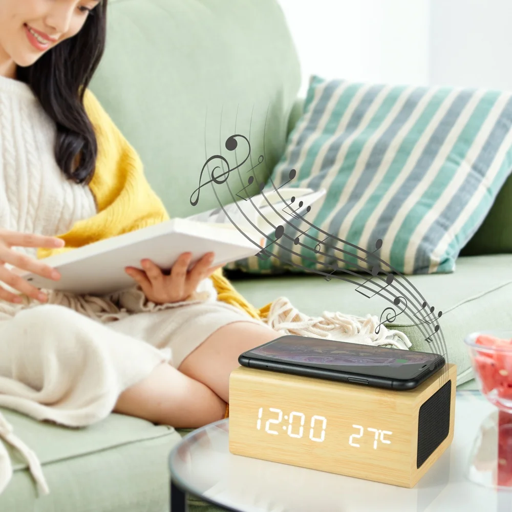 Wireless Phone Charger Wood LED Time Alarm Clock with Speaker