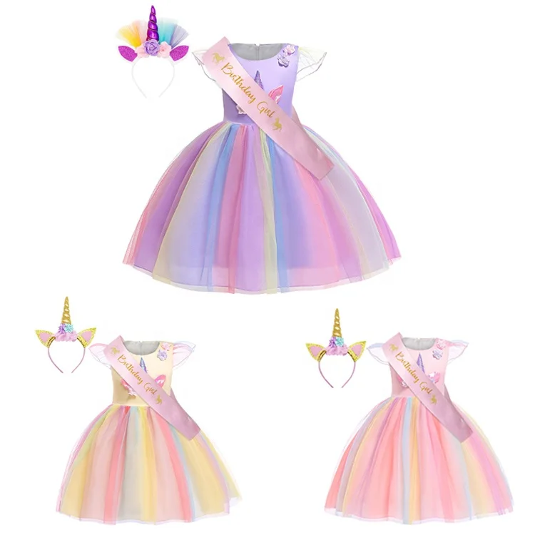 Cosplay  Chiffon Tutu Skirt Sweet Sleeveless Unicorn Girl Dress Child Skirt Christmas Dress Princess Dress with Headband
