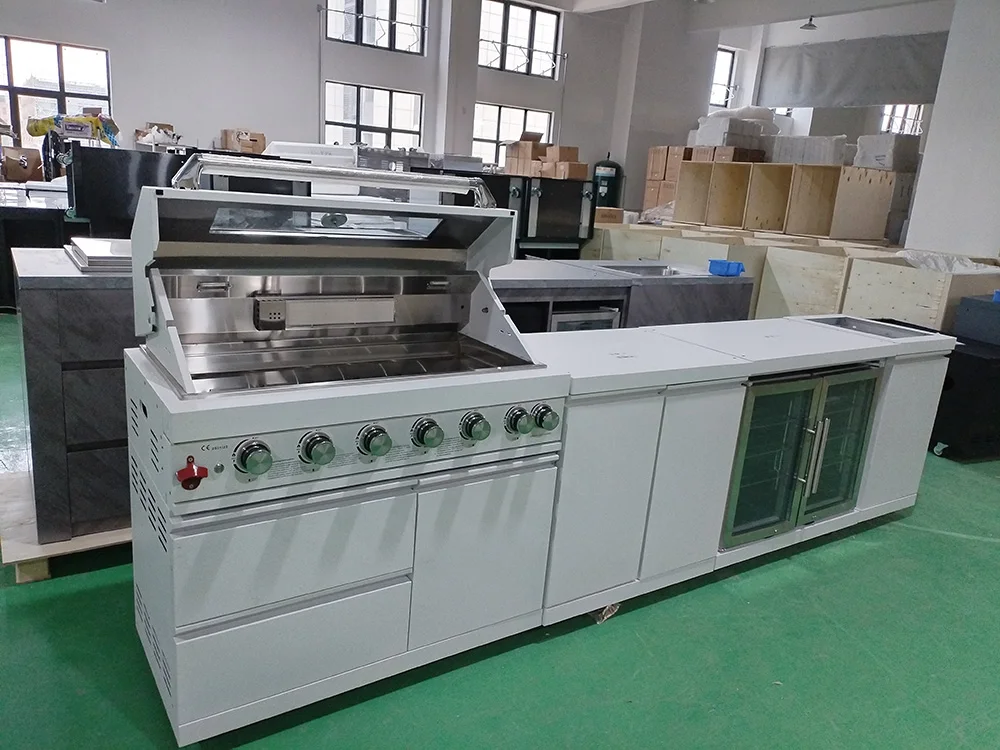 Size: 3380*580*900, white stainless steel with 6-burner grill, double-door refrigerator and double-door storage cabinets