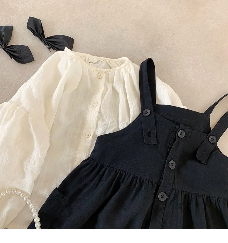 Hot selling fall long sleeve white blouse black sleeveless high quality girls casual dress