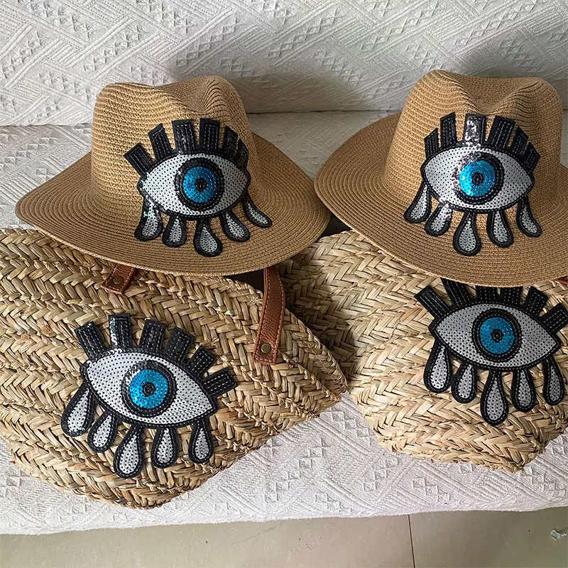 Summer evil eyes beach hat embroidery moroccan straw tote bag straw beach bag set for women