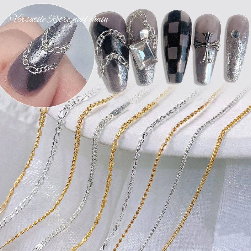 19.6inch Punk Nail Jewelry Studs Line 3D Metal Nail Chain Charms Decoration for Women Girl Nail Art DIY