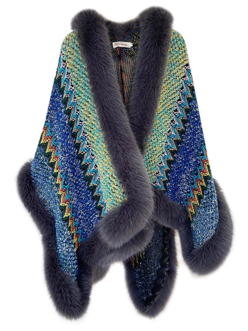 W0022 Luxury ladies faux fur collar shawls cloak thick cashmere women scarf Arabic shawl custom women clothing
