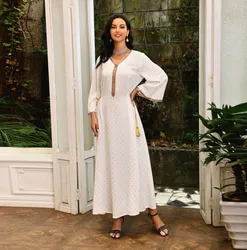 Fall 2022 women clothes lady maxi gown white green red Arabic gold blocking diamonds fancy dubai abaya Muslim women dress