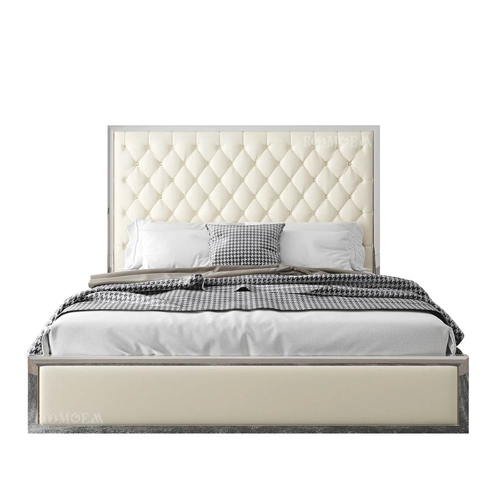 UK Style German Faux Leather Upholstered Stainless Steel Queen Size Bed Frame With Headboard Bedroom Furniture