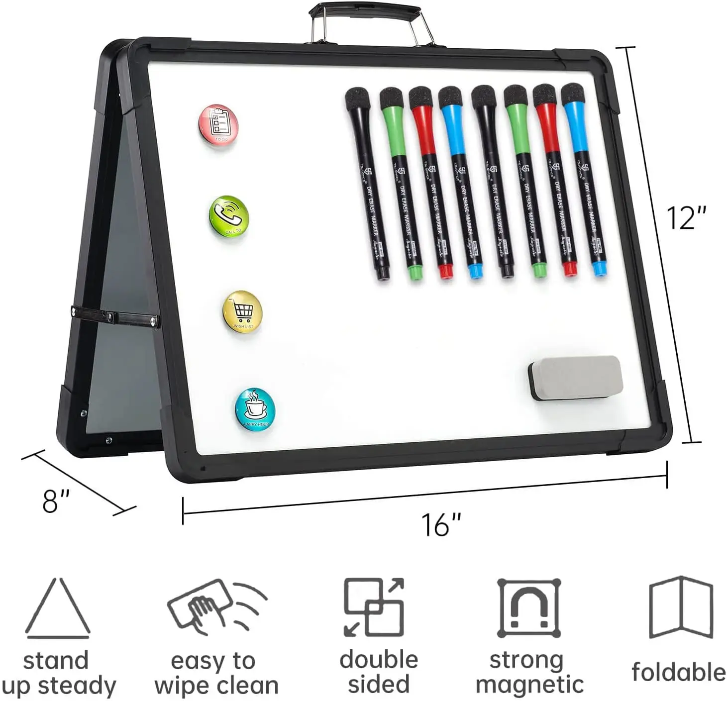 Small Portable Dry Erase White Board 12*16 inches Mini Magnetic Desktop Foldable Whiteboard with Holder for Kids Teacher Office