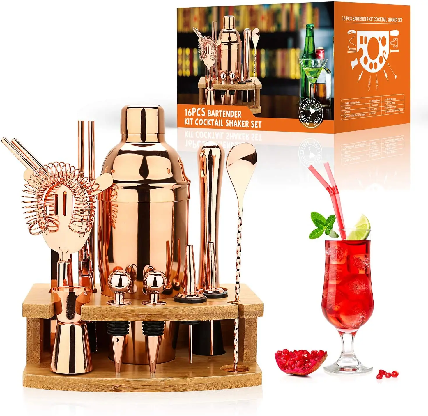 2022 New High Quality Cocktail Shakers Set 16 Pieces 24Oz/750Ml Boston Shaker Stainless Steel Bar Tools Set