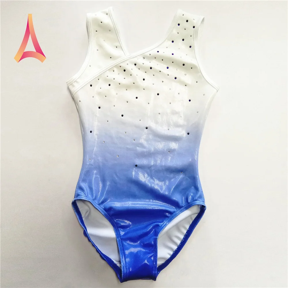 Pearl White to Blue ombre Girls Gymnastics Leotard with asymmetric neckline